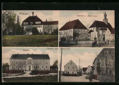 AK Rausslitz, Kirche und Pfarrhaus, Rittergut, Schule