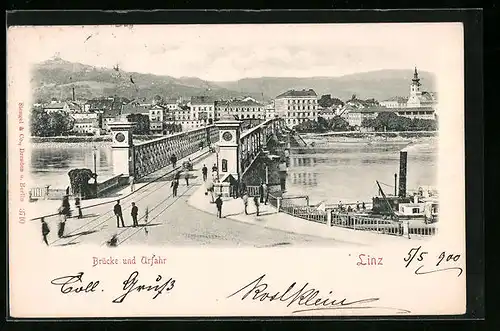 AK Linz a. d. Donau, Fussgänger auf der Brücke, Urfahr