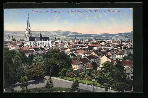 AK Linz a. d. Donau, Ortspartie mit Kirche aus der Vogelschau