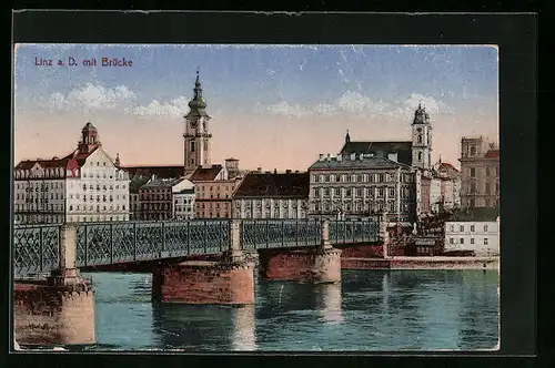 AK Linz a. d. Donau, Ortspartie mit Brücke