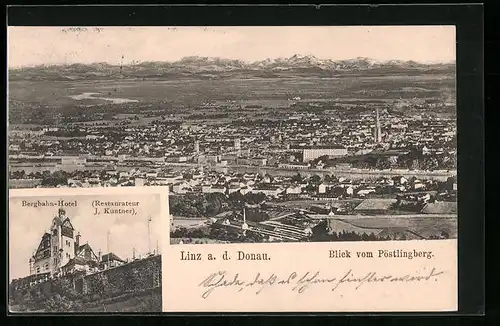 AK Linz a. d. Donau, Blick vom Pöstlingberg mit Bergbahn-Hotel