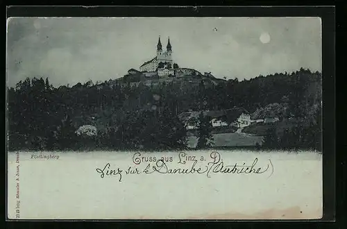 Mondschein-AK Linz a. d. Donau, Blick zum Pöstlingberg