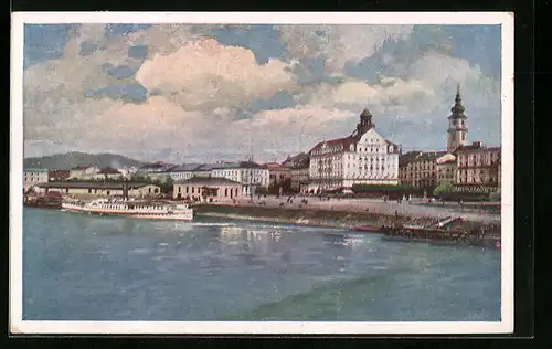 Künstler-AK Linz a. d. Donau, Landungsplatz und Hotel Erzherzog Karl