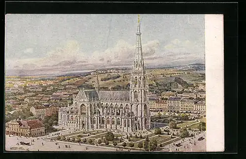 Künstler-AK Linz a. d. Donau, Domplatz mit Neuen Dom