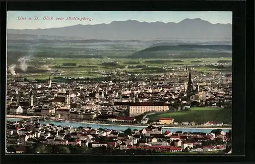 AK Linz a. d. Donau, Blick vom Pöstlingberg über die Stadt