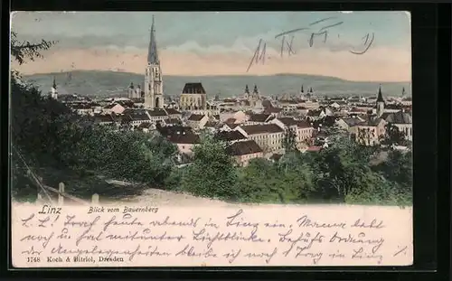 AK Linz a. d. Donau, Ortsansicht mit Blick vom Bauernberg