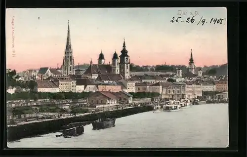 AK Linz a. d. Donau, Totalansicht mit Dom und Uferpartie