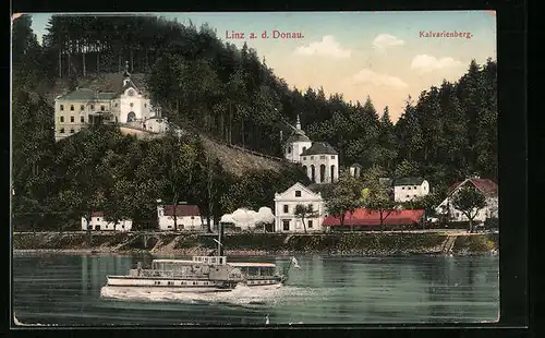 AK Linz a. d. Donau, Kalvarienberg mit Ausflugsdampfer