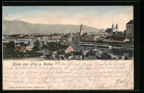 AK Linz a. d. Donau, Ortsansicht mit Bergpanorama