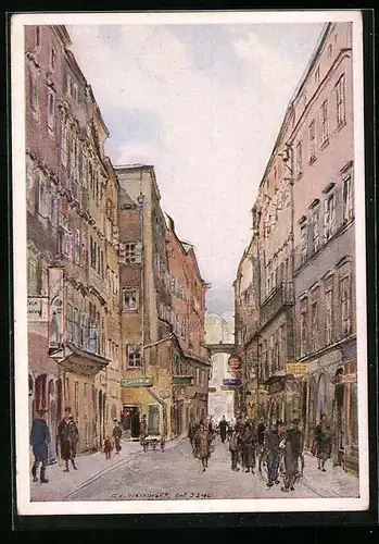 Künstler-AK Linz a. D., Blick in die Pfarrgasse