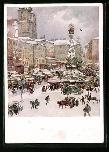Künstler-AK Linz a. D., Marktplatz im Winter