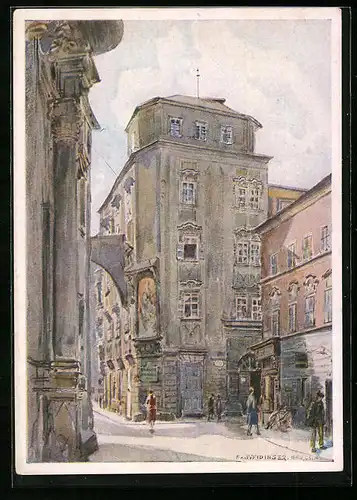 Künstler-AK Linz a. D., Pfarrplatz Ecke Pfarrgasse, Barockes Bürgerhaus