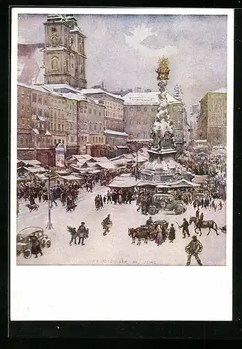 Künstler-AK Linz a. D., Verschneiter Marktplatz