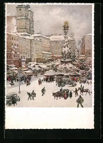 Künstler-AK Linz a. D., Weihnachtlicher Marktplatz