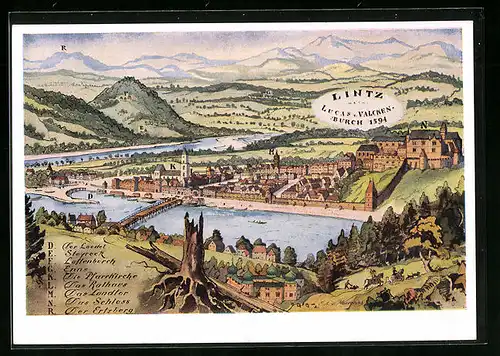 Künstler-AK Linz a. D., Ortsansicht um das Jahr 1594