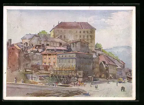 Künstler-AK Linz a. D., Darstellung der Burg