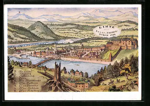 Künstler-AK Linz a. D., Ortsansicht anno 1594