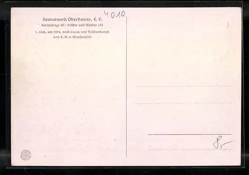 Künstler-AK Linz a. D., Ortsansicht anno 1594