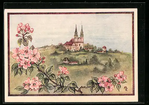 Künstler-AK Linz a. D., frühlingshafter Blick zum Pöstlingberg