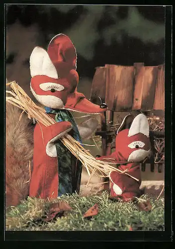 AK Herr Fuchs mit kleinem Fuchs auf der Wiese