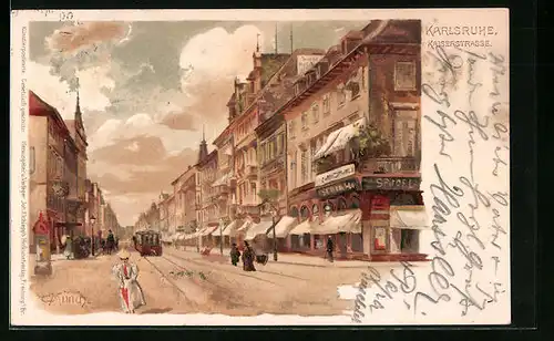 Künstler-AK Carl Münch: Karlsruhe, Kaiserstrasse mit Strassenbahn