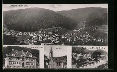 AK Unterreichenbach, Neues Schulhaus, Kirche, Totalansicht
