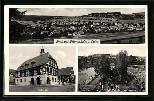 AK Stammheim bei Calw, Panorama des Ortes, Freibad