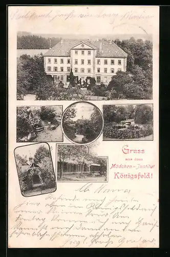 AK Königsfeld, Mädchen-Institut aus der Vogelschau, Park, Kapelle