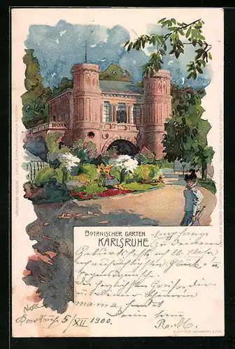 Lithographie Karlsruhe, Botanischer Garten mit Gebäude und Spaziergängerin