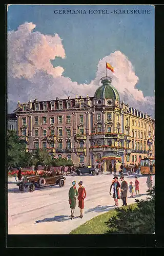 Künstler-AK Karlsruhe, Germania-Hotel mit Passanten