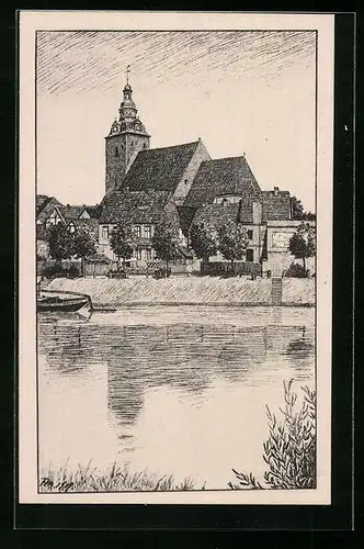 Künstler-AK Havelberg, St. Laurentiuskirche mit Havel