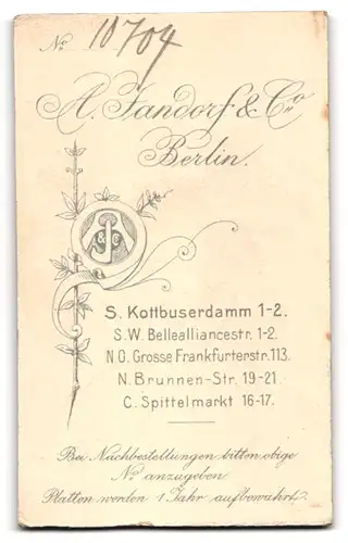 Fotografie A. Jandorf & Co., Berlin S., Kottbusserdamm 1-2, Dame mit verzierter heller Bluse