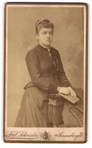 Fotografie J. S. Schrölder, Annaberg i. S., Carlsplatz 756, Dame mit Kreuzkette und Buch