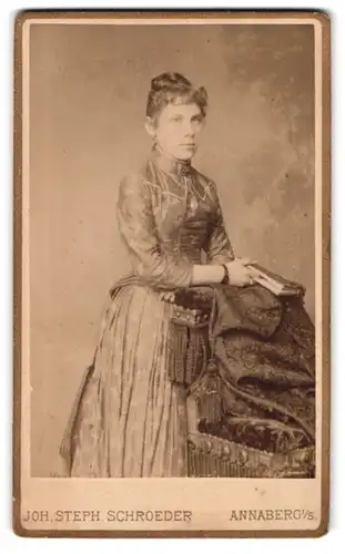 Fotografie J. S. Schroeder, Annaberg i /S., Carlsplatz 756, Junge Dame im Kleid mit einem Buch