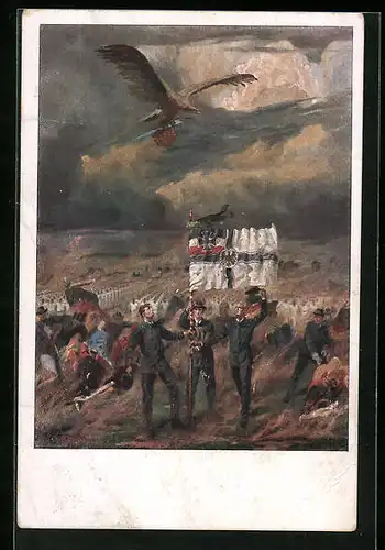 Künstler-AK Linz /Donau, Landschaft mit Fahnenträgern und Greifvogel - Karte zum Bundesturnfest 1922