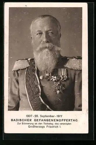 AK Portrait des Grossherzogs Friedrich - Karte zum Gefangenenopfertag / Erinnerung an den Todestag
