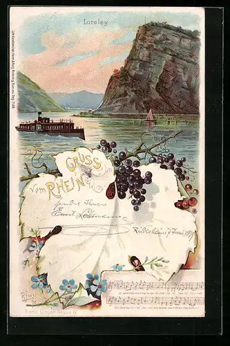 Lithographie Loreley-Felsen, Weintrauben, Notenblatt