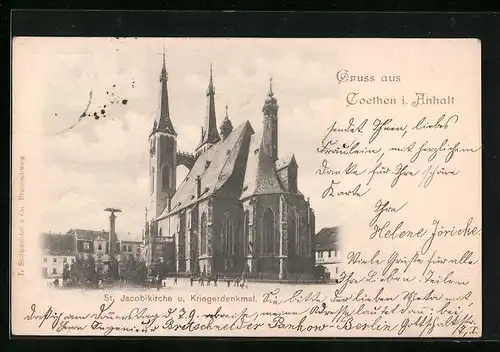 AK Coethen i. Anhalt, St. Jacobikirche und Kriegerdenkmal