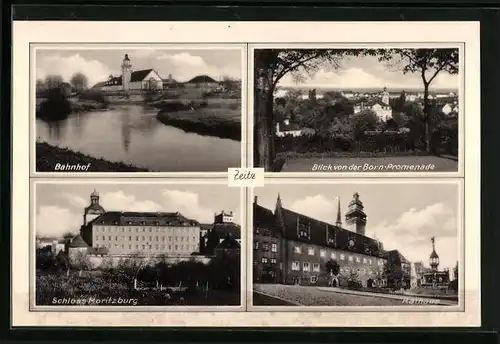 AK Zeitz, Bahnhof, Rathaus, Schloss Moritzburg