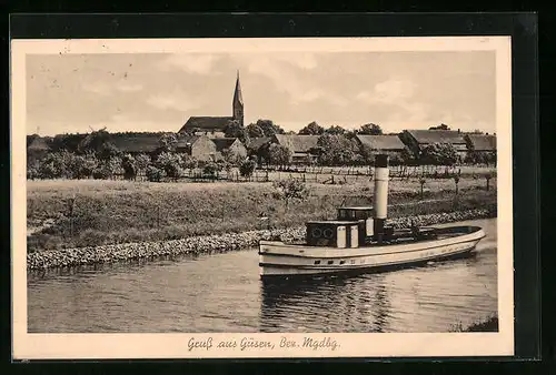 AK Güsen /Mageburg, Ortspartie mit Kirche und Wiesen