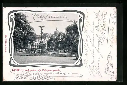 AK Erfurt, Hirschgarten mit Kriegerdenkmal