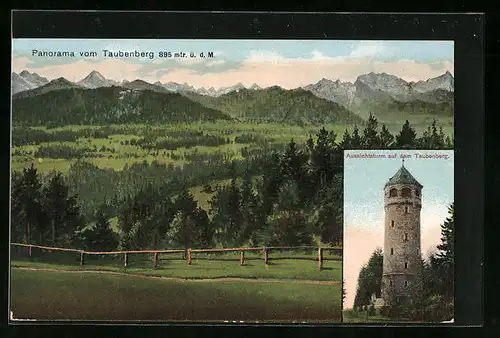 AK Warngau, Aussichtsturm auf Taubenberg, Panorama