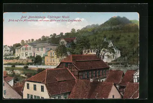 AK Bad Blankenburg, Blick auf die Allianzhäuser mit neuer Halle und Ruine Greifenstein