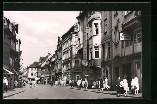 AK Pössneck, Breitestrasse mit Kreis-Sparkasse und HO Treffpunkt