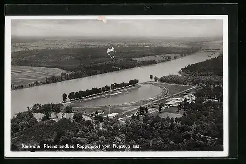 AK Karlsruhe, Rheinstrandbad Rappenwört, Fliegeraufnahme