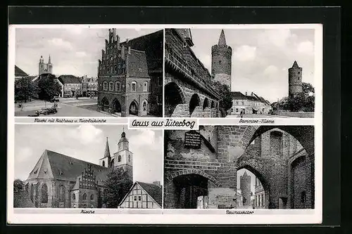 AK Jüterbog, Markt mit Rathaus und Nicolaikirche, Neumarkttor