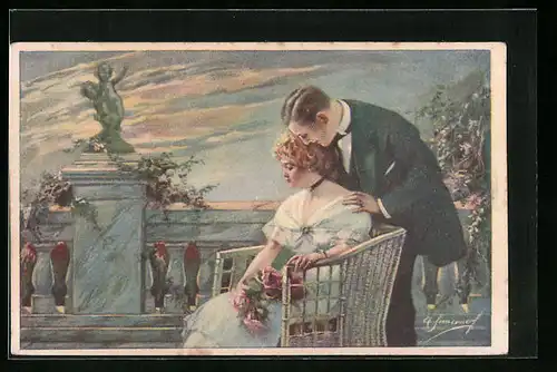 AK Paar trifft sich an Statue, Art Deco