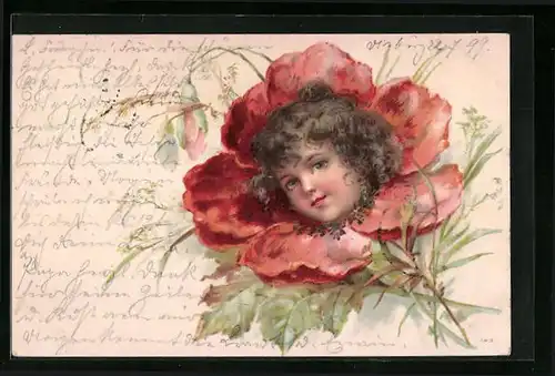Lithographie Kopf eines kleinen Mädchens wächst aus der Blüte einer Mohnblume, Metamorphose