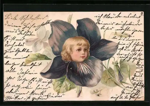 Lithographie Kopf eines blonden Kindes wächst aus einer Blüte, Metamorphose