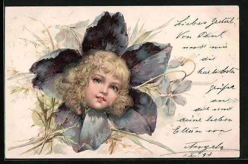 Lithographie Blondes Mädchen wächst aus einer Blüte heraus, Metamorphose